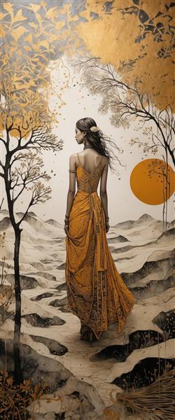 زن با لباس زرد سنتی از پشت در حال قدم زدن در دشت کوهستانی طلایی، پوستر عمودی