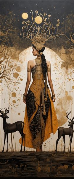 پرتره زن ایزدبانو از پشت با لباس مشکی و طلایی و تاج شاخه‌ای در کنار گوزن‌ها