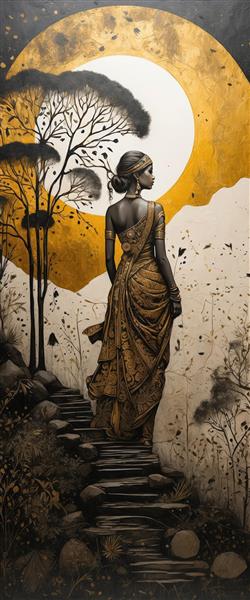 زن با لباس سنتی طلایی و مشکی در حال بالا رفتن از پله‌ها با ماه بزرگ در پس‌زمینه