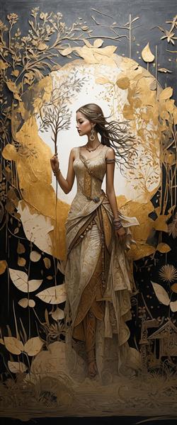 طرح زن الهه با لباس کرم طلایی در قاب ماه و برگ‌های طلایی، پرتره دکوراتیو لوکس