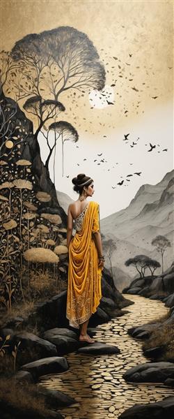 زن با لباس زرد سنتی در مسیر سنگی کنار رودخانه در کوهستان، تابلو دکوراتیو عمودی