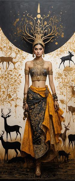 پرتره تمام قد الهه جنگل با لباس زرد و مشکی و تاج شاخ گوزنی در میان گوزن‌ها