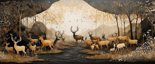 نقاشی گله گوزن‌ها در فضای غار مانند با درختان و رودخانه، طرح فاخر عریض