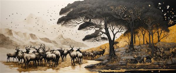 گله گوزن‌ها زیر درخت بزرگ در کنار رودخانه، طرح هنری با فضای تیره و طلایی