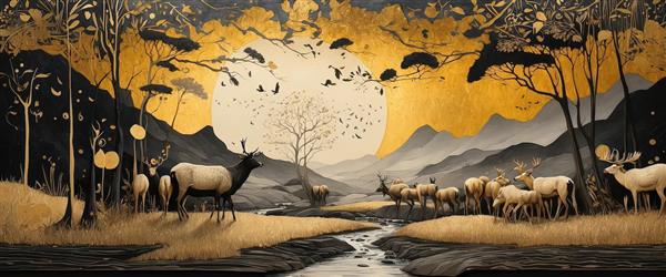 طرح گله گوزن‌ها در کنار رودخانه با ماه کامل و جنگل طلایی، مناسب چاپ دکوراتیو