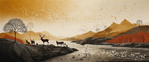 نقاشی مناظر کوهستانی با رودخانه و گله گوزن‌ها و درختان پاییزی، طرح پانوراما