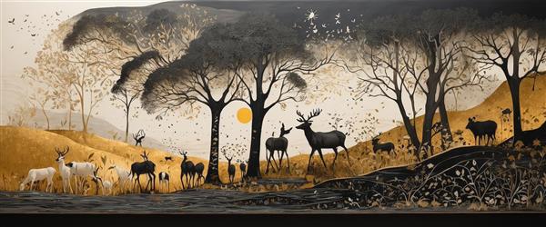 منظره گوزن‌ها در دشت با درختان سیاه و طلایی و غروب آفتاب، تابلو عریض فاخر