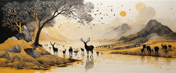 نقاشی گله گوزن‌ها در کنار رودخانه زیر درخت بزرگ، طرح افقی با رنگ‌های سیاه و طلایی