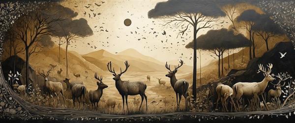 طرح گوزن‌های نر در جنگل تیره با پس‌زمینه کوهستان مه‌آلود، مناسب چاپ عریض