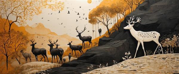 نقاشی گله گوزن‌های تیره در کوهستان و صخره‌های سیاه و طلایی، تابلو عریض