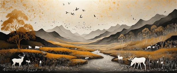 منظره نقاشی گله گوزن‌ها در دشت طلایی با رودخانه و کوه‌های مه‌آلود، تابلو عریض