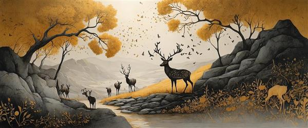 گروه گوزن‌ها در کنار صخره‌ها و رودخانه در طبیعتی با رنگ‌های طلایی و سیاه، طرح دکوراتیو