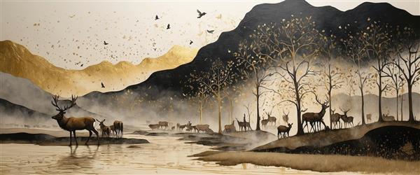 منظره وسیع گوزن‌ها در کنار رودخانه مه‌آلود با کوه و درختان پاییزی، طرح پانوراما