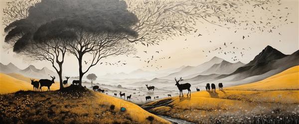 نقاشی منظره گوزن‌های کوهی در مراتع طلایی با درختان تیره، تابلو افقی دکوراسیون
