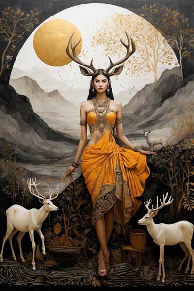 طرح زن افسانه‌ای با شاخ و لباس نارنجی در کوهستان و حضور گوزن‌های سفید، تابلو دکوراتیو