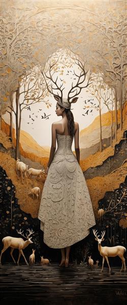 زن ایزدبانوی گوزن از پشت با لباس سفید در جنگل طلایی، تابلو عمودی با گوزن‌های صحرایی