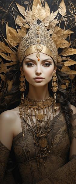 پرتره زن سلطنتی با تاج و گردنبند طلایی بزرگ در پس‌زمینه شاخ و برگ، طرح دکوراسیون
