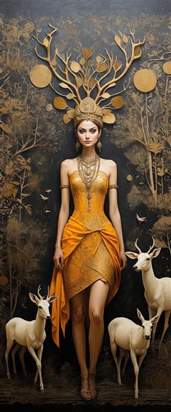 طرح زن ایزدبانو با لباس زرد و تاج شاخ گوزنی طلایی و گوزن‌های سفید، پرتره دکوراتیو