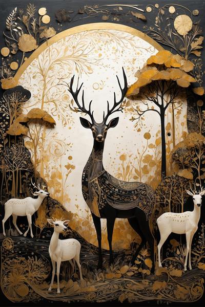 پوستر گوزن نر (استگ) با طرح‌های اسلیمی در جنگل طلایی، مناسب تابلو دکوراتیو لوکس