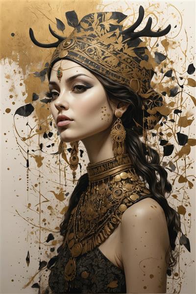 پرتره زن زیبا با تاج و گردنبند طلایی سنتی و شاخ گوزنی، طرح لوکس دکوراتیو و مدرن