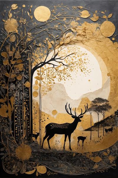 گوزن زیبا در کنار رودخانه و ماه کامل طلایی، پوستر هنری با ترکیب رنگ سیاه و قهوه‌ای