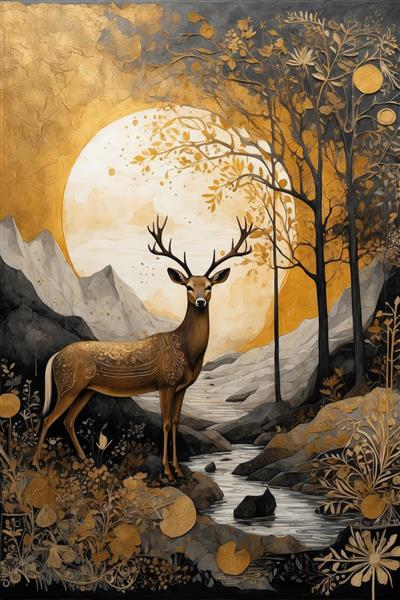 نقاشی گوزن سلطنتی (استگ) با طرح‌های اسلیمی طلایی در طبیعت مه‌آلود، تابلو لوکس