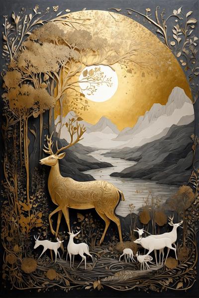 پوستر گوزن سیاه با شاخ و برگ‌های طلایی و ماه کامل، مناسب تابلو دکوراتیو مدرن