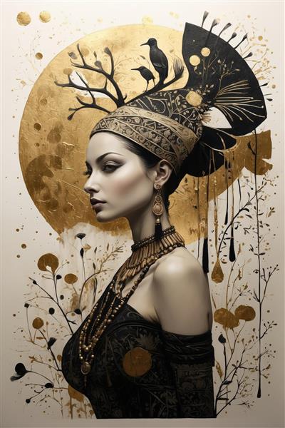 پرتره نیم‌رخ زن با تاج تزیین شده با پرنده و جواهرات طلایی روی پس‌زمینه لکه‌های طلایی