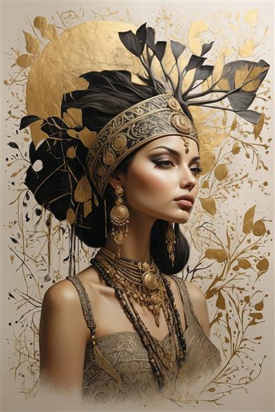 پرتره مدل زن با تاج سلطنتی و جواهرات طلایی، زمینه هنری گیاهی سیاه و طلایی
