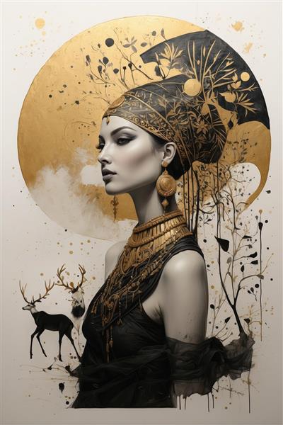 پرتره نیم‌رخ زن با کلاه تزئین شده فرعون مانند و جواهرات طلایی در قاب دایره‌ای