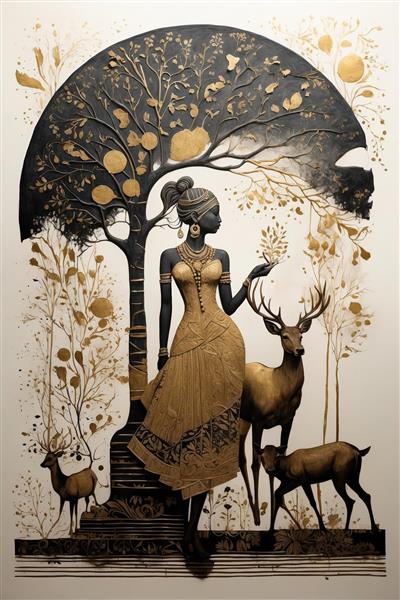 زن با لباس طلایی و آهوها در قاب طاق‌دار زیر درخت طلایی و سیاه، نمای جانبی