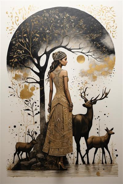 زن با لباس مجلسی بلند کرم و مشکی و کلاه بزرگ مخروطی در پس‌زمینه برگ‌های قهوه‌ای