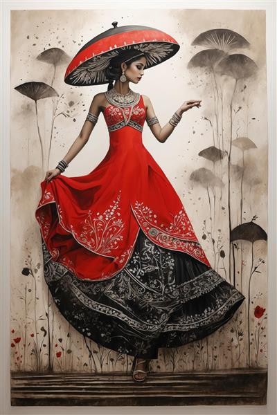 زن با لباس قرمز و مشکی سنتی و چتر قارچی شکل در میان نقوش گیاهی