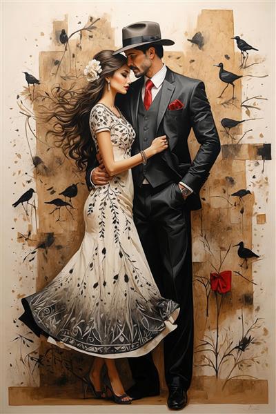 تصویر عاشقانه زوج شیک‌پوش با لباس سفید و کت و شلوار مشکی در میان پرندگان و گل