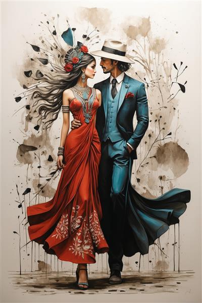 تصویر عاشقانه زوج با لباس‌های فیروزه‌ای و قرمز مجلسی در حال قدم زدن روی زمینه آبرنگی