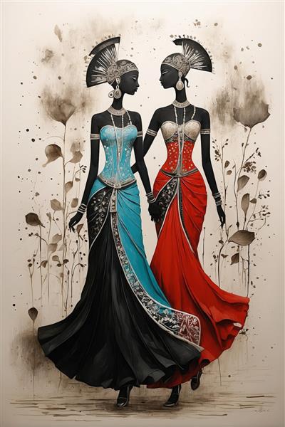 دو زن در لباس‌های مجلسی آبی و قرمز سنتی با تاج پردار در پس‌زمینه گیاهان سیاه و سفید