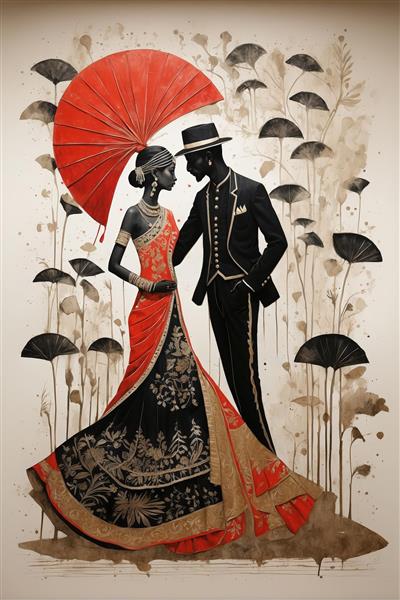 زوج شیک‌پوش در لباس قرمز و مشکی با چتر بادبزنی بزرگ در دکوراسیون طرح گیاهی