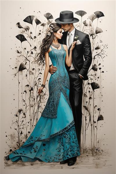 تصویر عاشقانه زوج با لباس آبی فیروزه‌ای و کت و شلوار مشکی در میان نقوش گیاهی