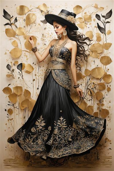 زن با لباس فاخر مشکی و کلاه آراسته به گل‌های طلایی در پس‌زمینه گیاهی درخشان