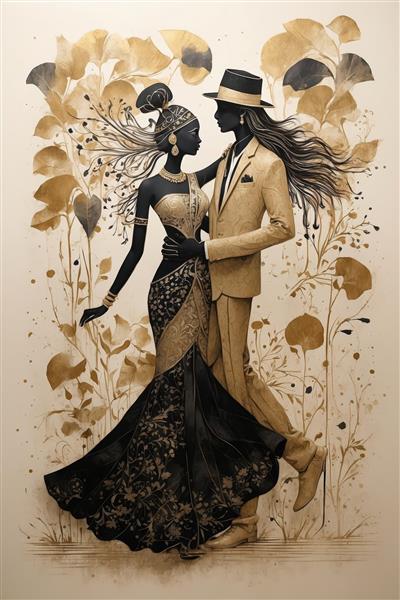 تصویر زوج شیک‌پوش با لباس فاخر در سیلُئت طلایی و مشکی روی زمینه طرح گیاهی