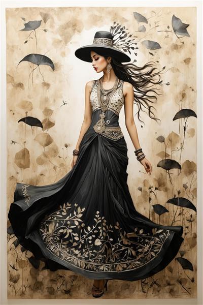 زن با پیراهن شب مشکی طرح‌دار و کلاه لبه پهن در زمینه طرح‌های بادزده کلاسیک