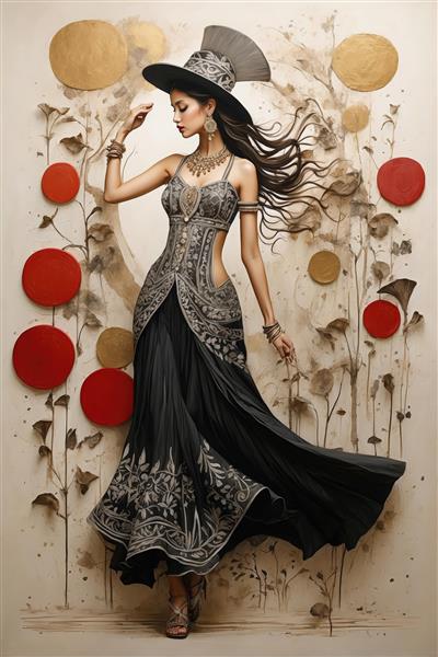 زن با لباس مشکی و کرم مجلسی و کلاه فانتزی در دکوراسیون با دایره‌های قرمز و طلایی