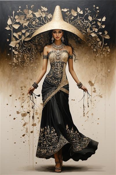 پرتره مدل زن با لباس طلایی و مشکی و کلاه لبه‌دار مخروطی در پس‌زمینه آبرنگی