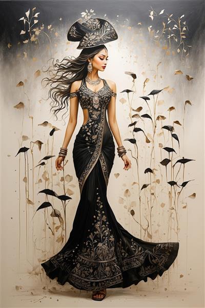 زن شیک‌پوش با لباس مجلسی مشکی و کلاه فانتزی در میان برگ‌های بادزده