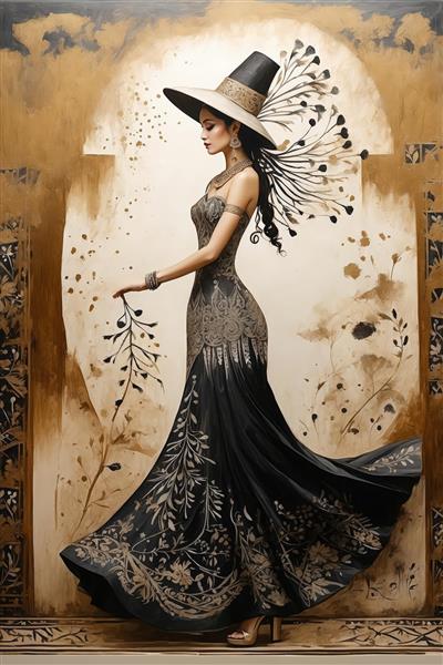 پرتره نیم‌رخ زن با لباس فاخر مشکی و طلایی و کلاه لبه پهن در دکوراسیون طرح طاق و گنبد