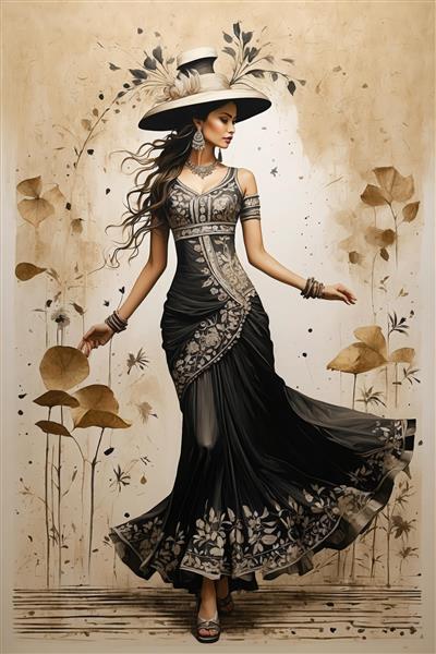 زن با لباس مجلسی تیره و کلاه لبه‌دار در حال قدم زدن در دکوراسیون طرح گیاهی کلاسیک
