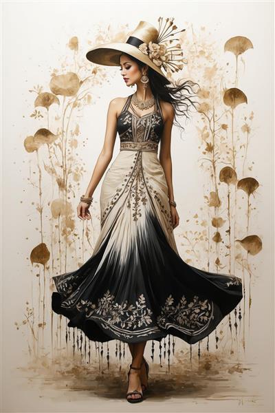 زن با پیراهن مجلسی دو رنگ دنباله‌دار و کلاه حصیری بزرگ با گل‌های تزیینی