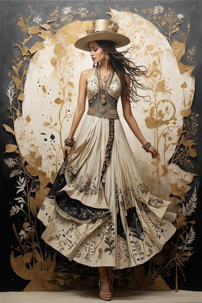 زن با لباس مجلسی طرح‌دار کرم و مشکی و کلاه حصیری در میان هاله‌ای از نقوش طلایی