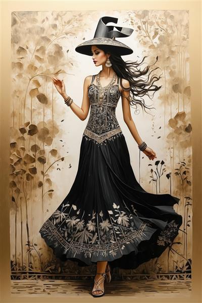 زن شیک با لباس مشکی مجلسی گلدوزی شده و کلاه فانتزی در باد روی پس‌زمینه طلایی