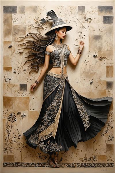 زن با لباس نیم‌تنه و دامن مجلسی مشکی و طلایی در پس‌زمینه کاشی‌کاری شده بافت‌دار